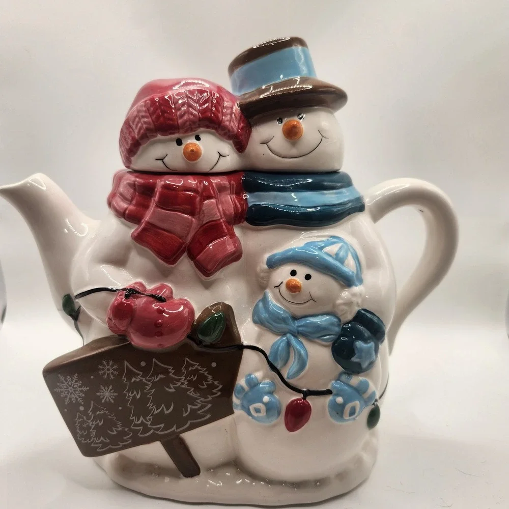 Snowman Family Ceramic Teapot Christmas Holiday Winter Decor Red Blue